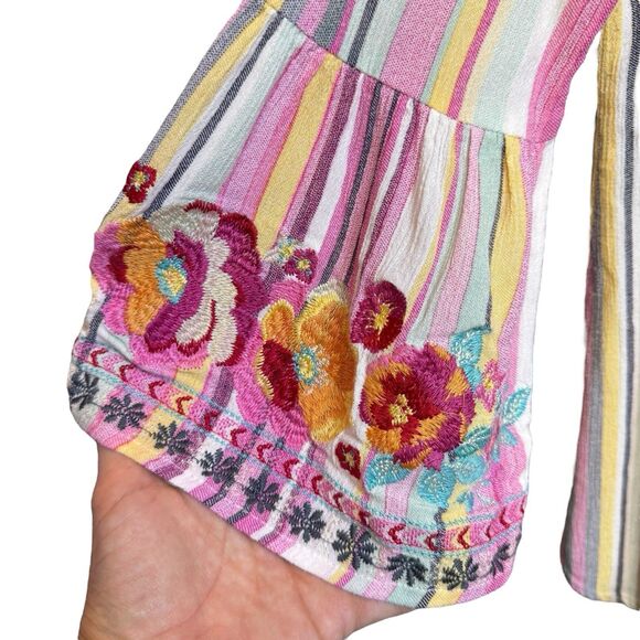 Andree Boho Floral Heavily Embroidered Tunic Top Size S Striped Bell Sleeve - Picture 4 of 9